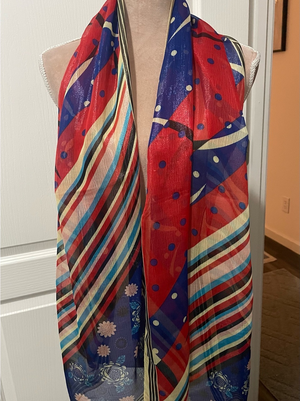 Mosi Sheer Red & Blue Striped and Polka Dot Scarf , 66” long